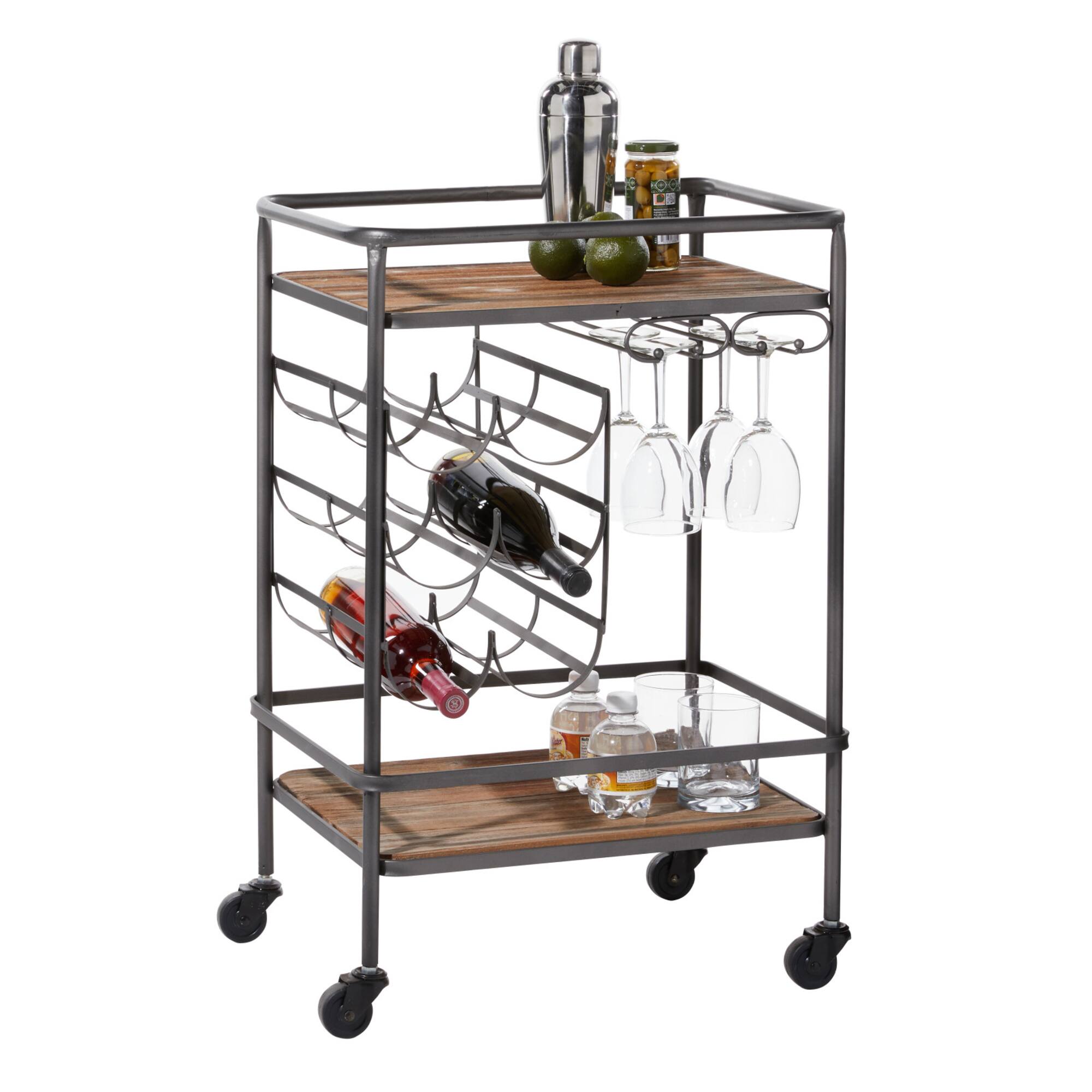 2-Tier Brown Chinese Fir and Metal Industrial Bar Cart